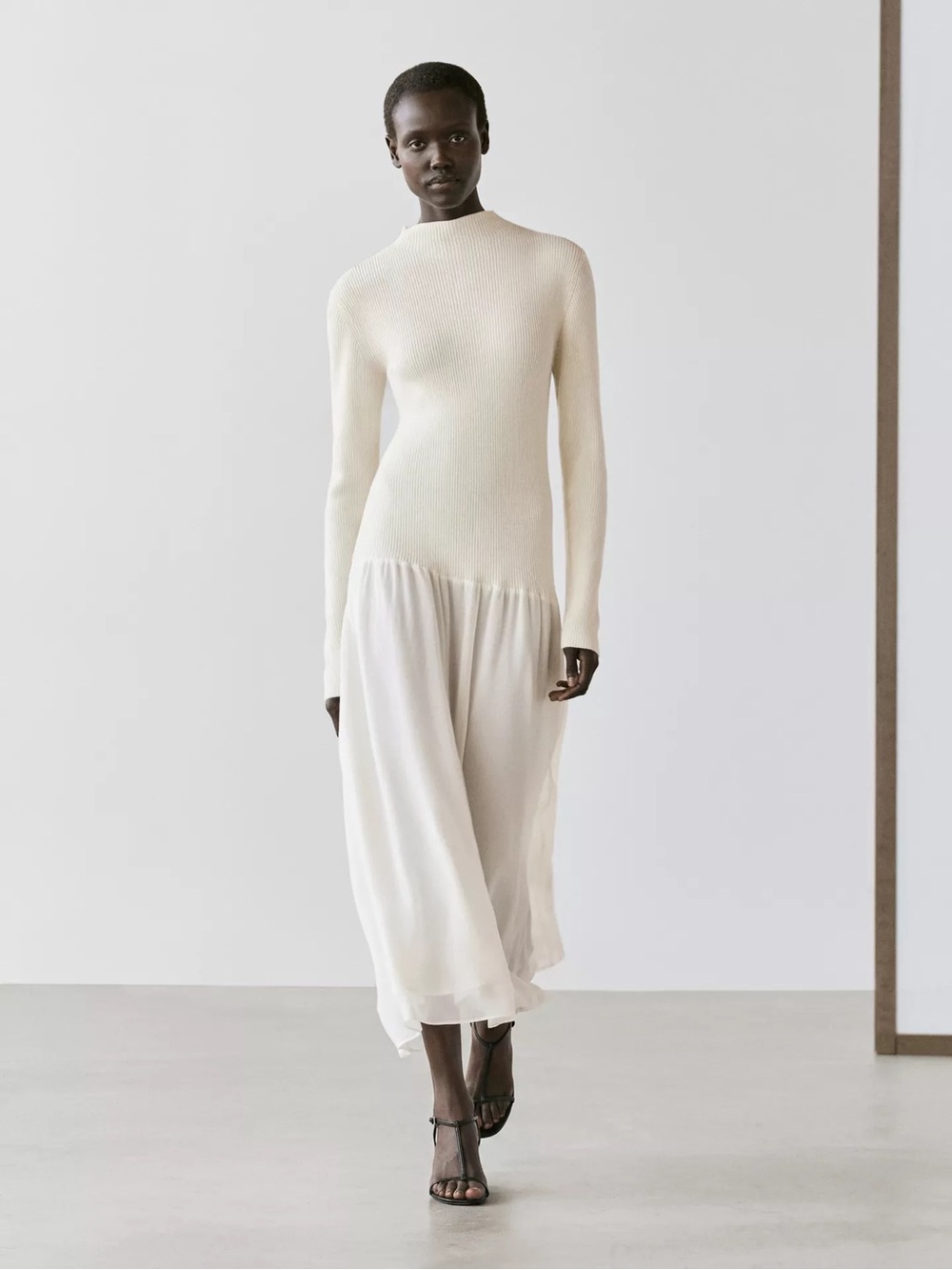Massimo Dutti Cream Long Sleeve Ribbed Midi Dress